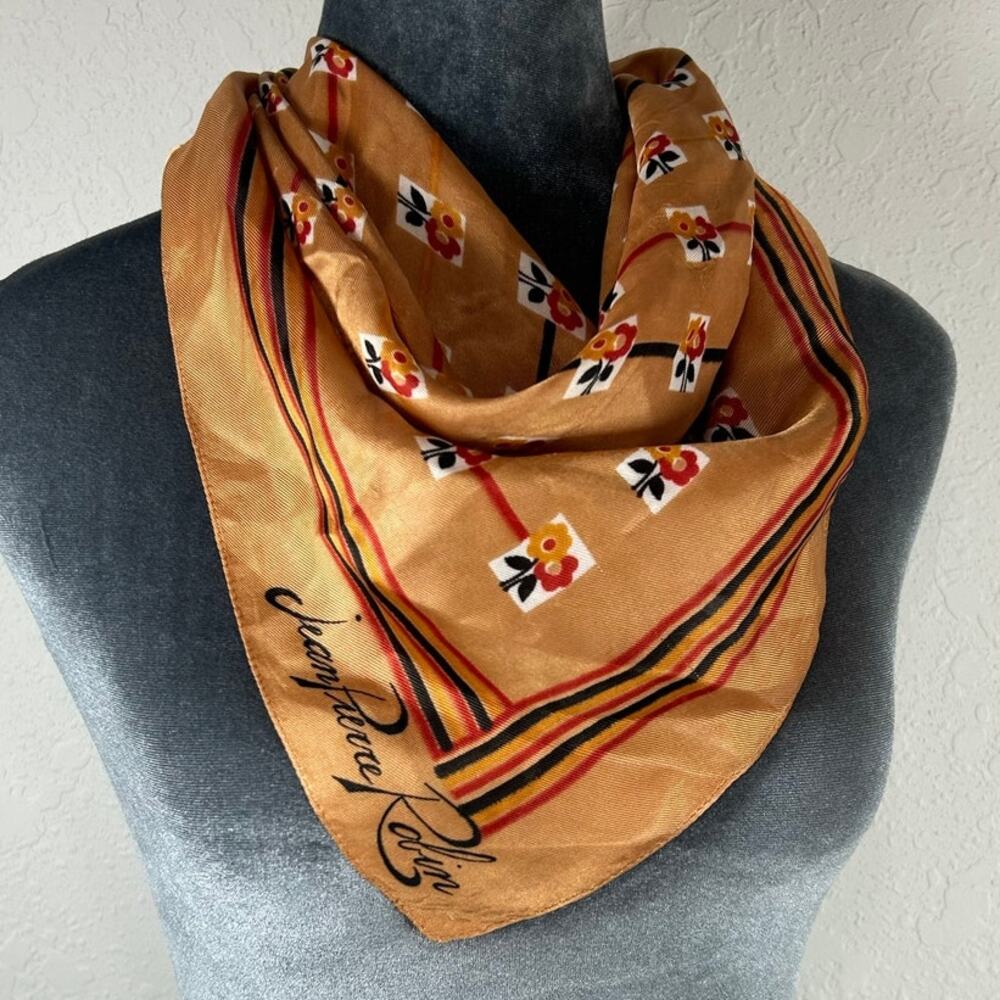 Vtg Silky Scarf Square 26x26"- Jean Pierre Robin- Orange Black Red Florals retro
